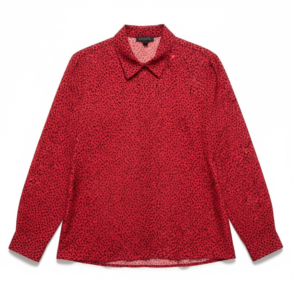 Notation Red Black Polka Dot Button Down Blouse, Woman's Size 10, Long Sleeve